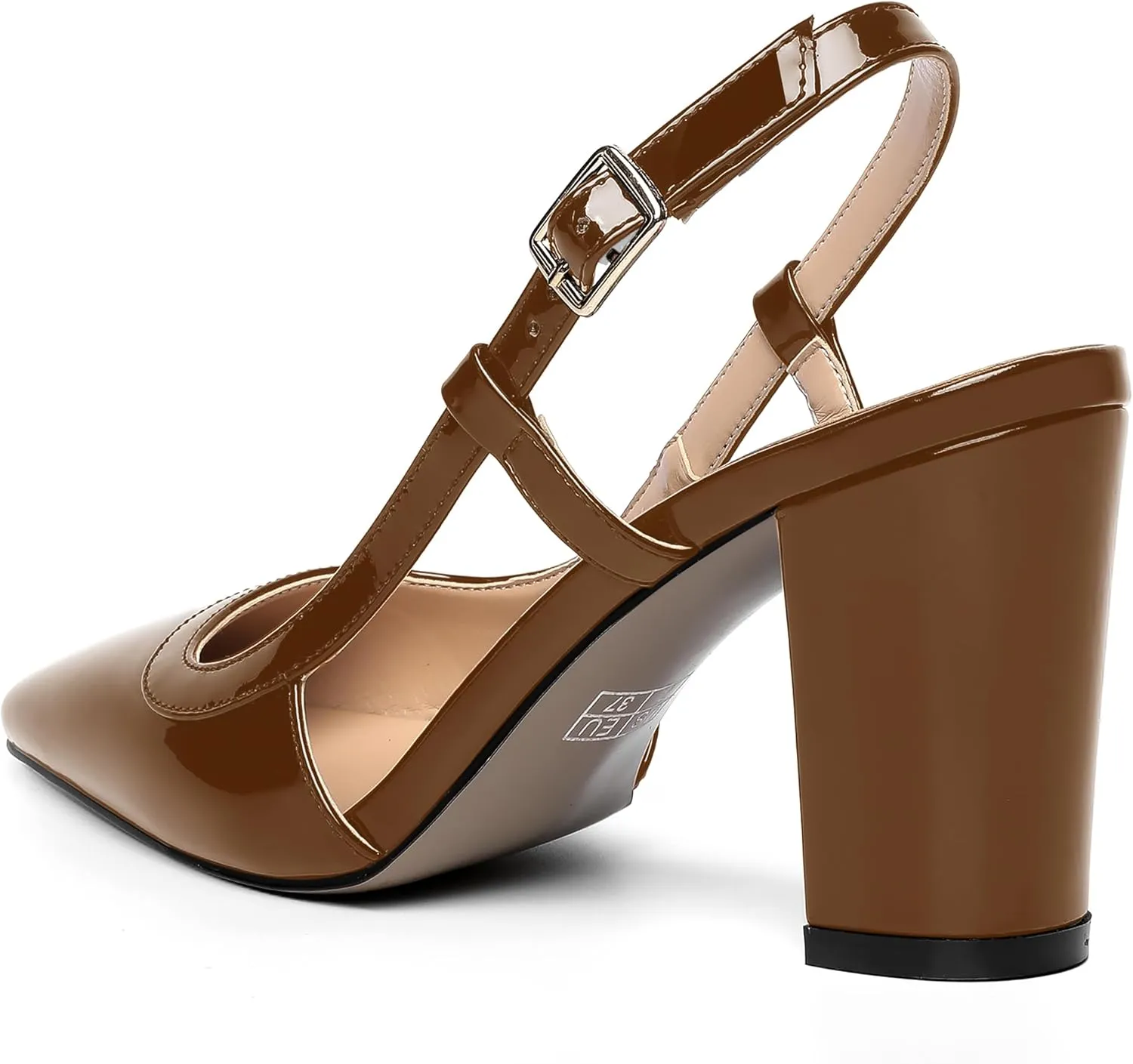 AMBELIGHT Womens Square Toe Dress Patent Adjustable Strap Buckle Office Block High Heel Pumps Shoes 3.3 Inch