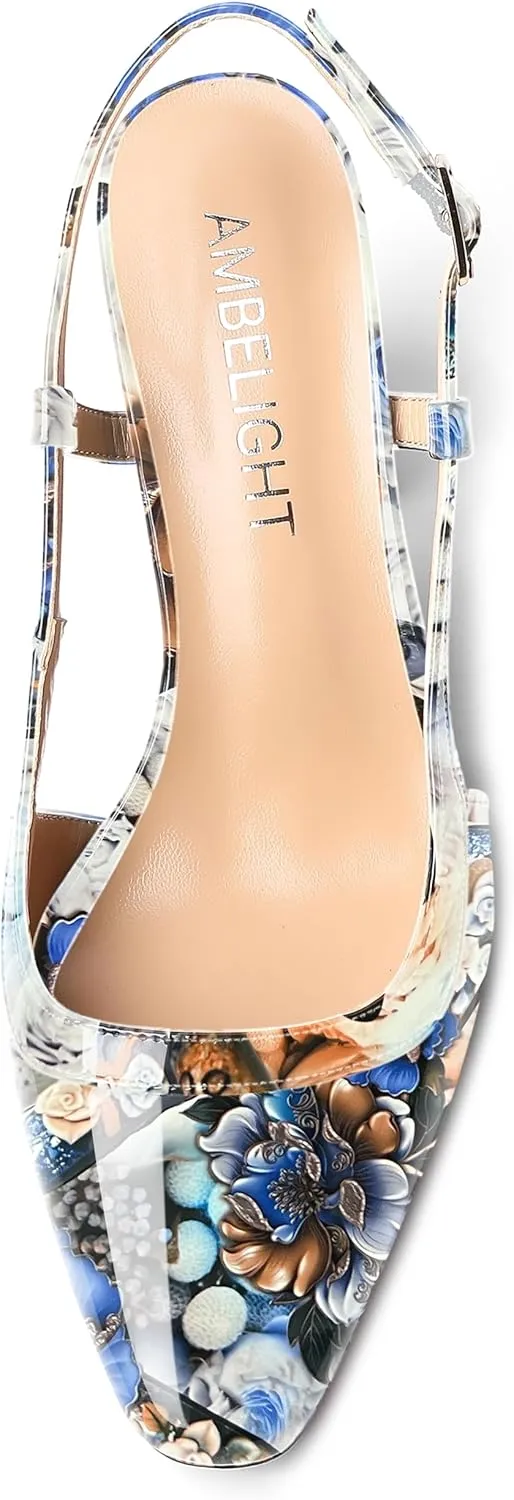 AMBELIGHT Womens Square Toe Dress Patent Adjustable Strap Buckle Office Block High Heel Pumps Shoes 3.3 Inch