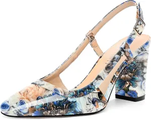AMBELIGHT Womens Square Toe Dress Patent Adjustable Strap Buckle Office Block High Heel Pumps Shoes 3.3 Inch