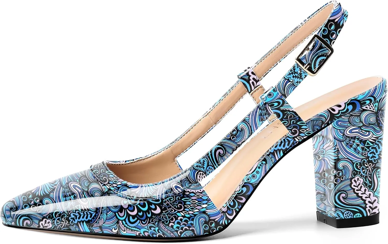 AMBELIGHT Womens Square Toe Dress Patent Adjustable Strap Buckle Office Block High Heel Pumps Shoes 3.3 Inch