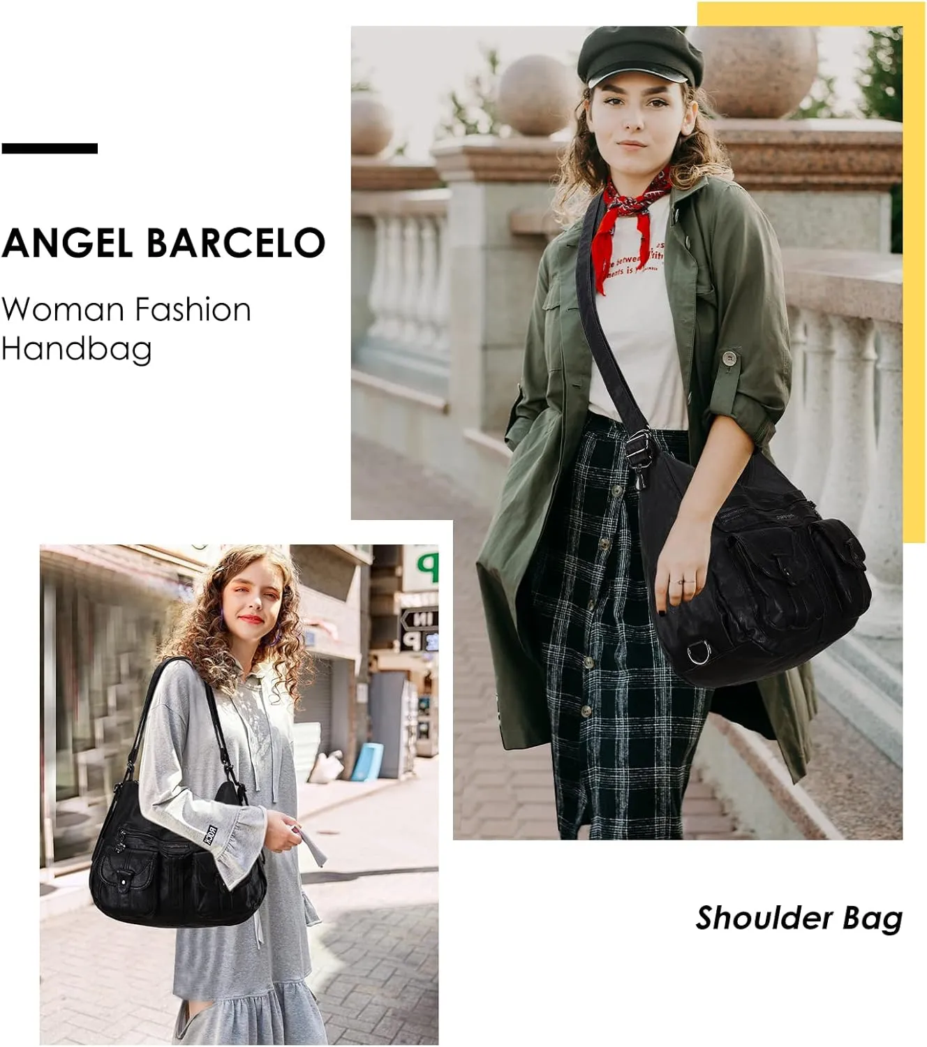 Angel Barcelo Women Multifunctional Soft Leather Handbag Purses Shoulder Hobo Backpack Crossbody Zipper Bag with Pocket
