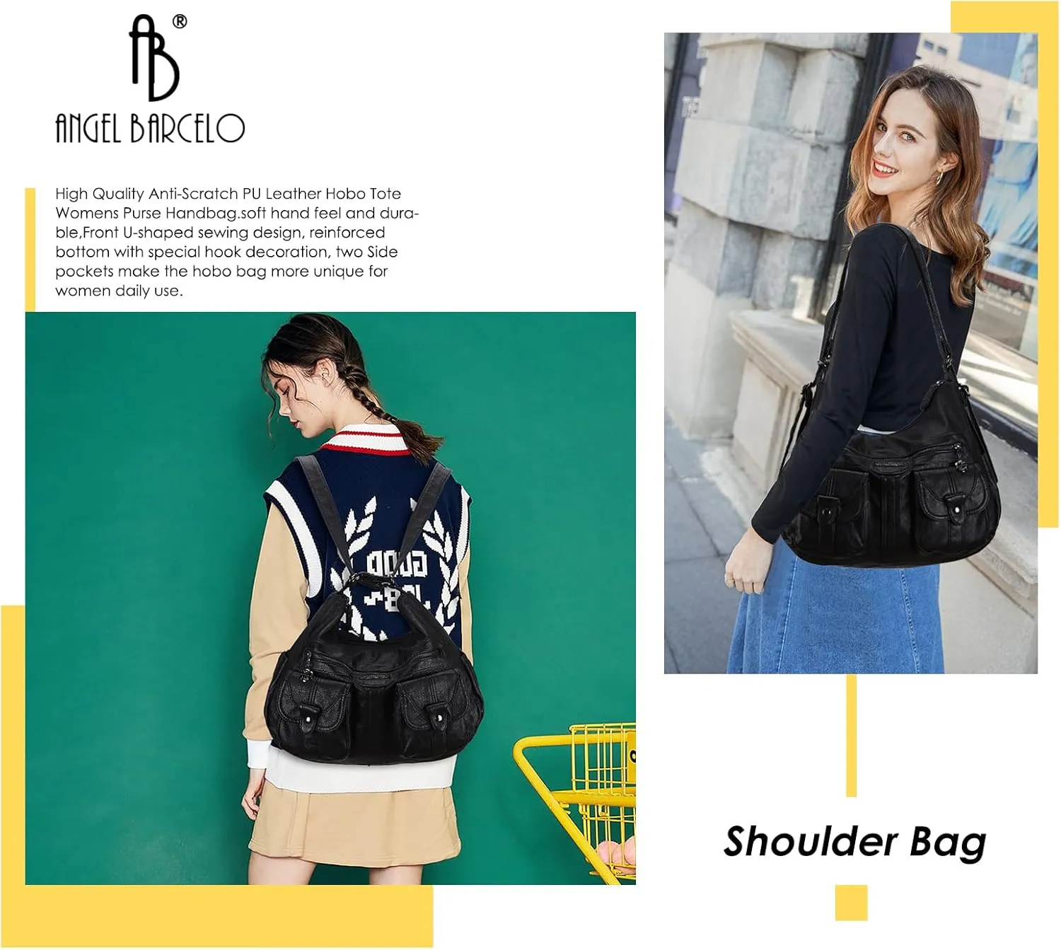 Angel Barcelo Women Multifunctional Soft Leather Handbag Purses Shoulder Hobo Backpack Crossbody Zipper Bag with Pocket