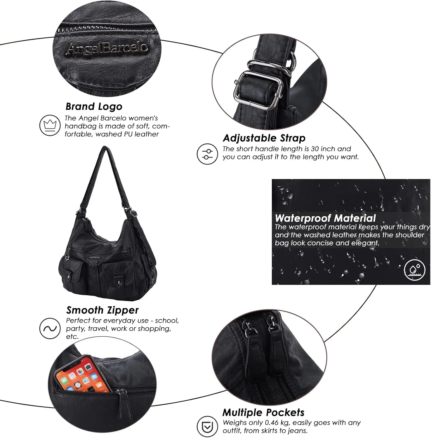 Angel Barcelo Women Multifunctional Soft Leather Handbag Purses Shoulder Hobo Backpack Crossbody Zipper Bag with Pocket