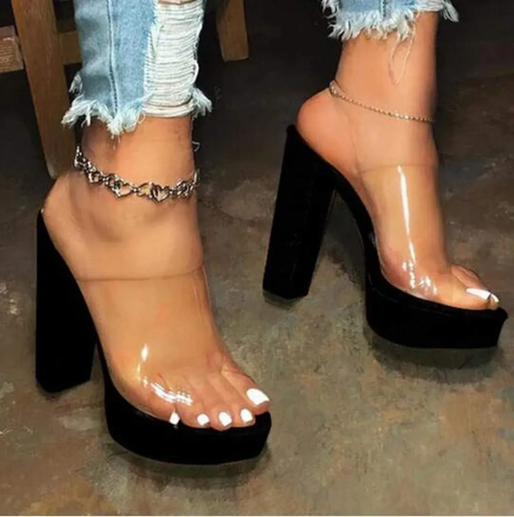 Aniywn Women's Chunky Heel Platform High Heels Shoes Sandals Clear Strappy Open Peep Toe Sandal