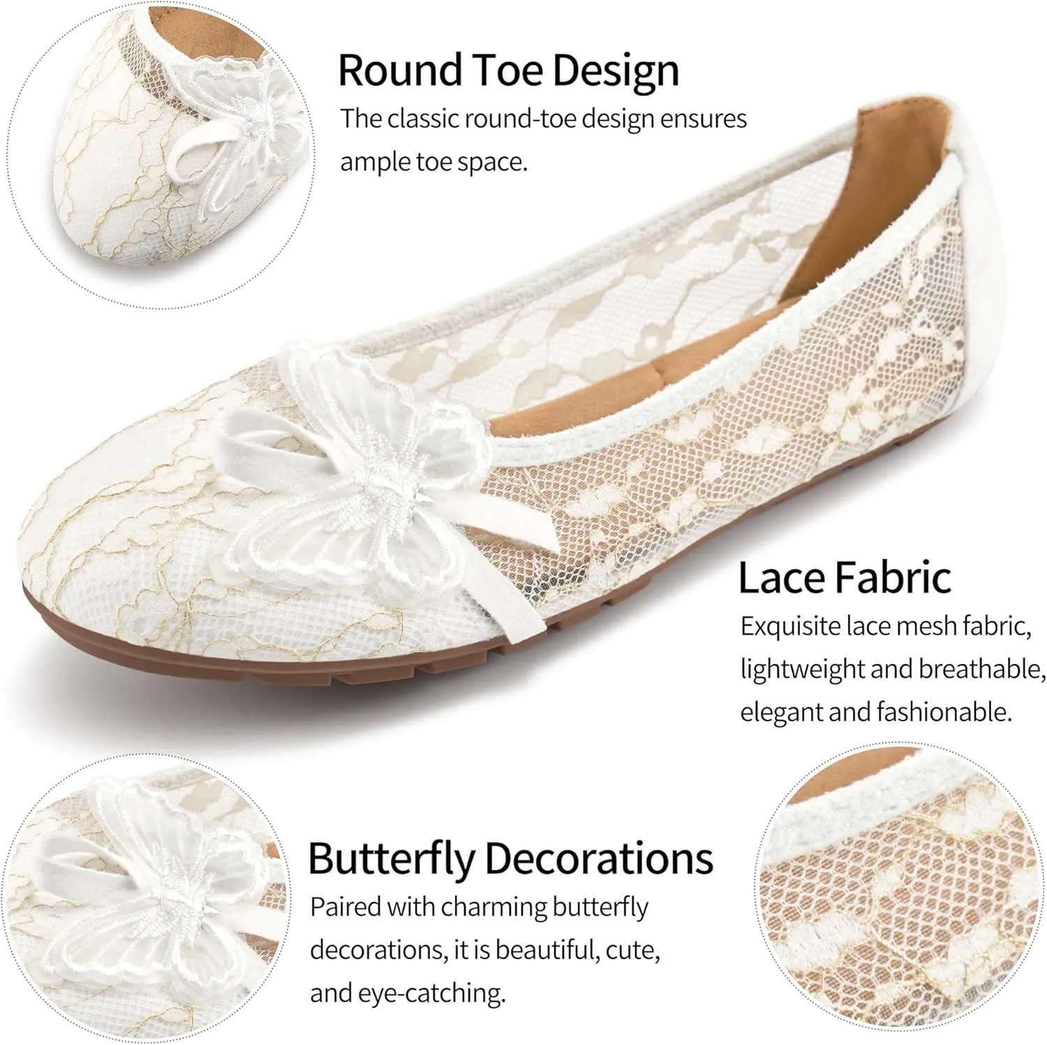 Aomigoct Ballet Flats Shoes for Women: Dress Comfortable Lace Womens Flats - Soft Casual Wedding Work Shoe