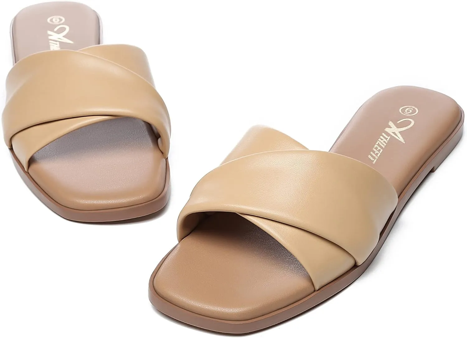 Athlefit Women's Summer Flat Sandals Slip On Square Toe Soft Leather Slide Sandals