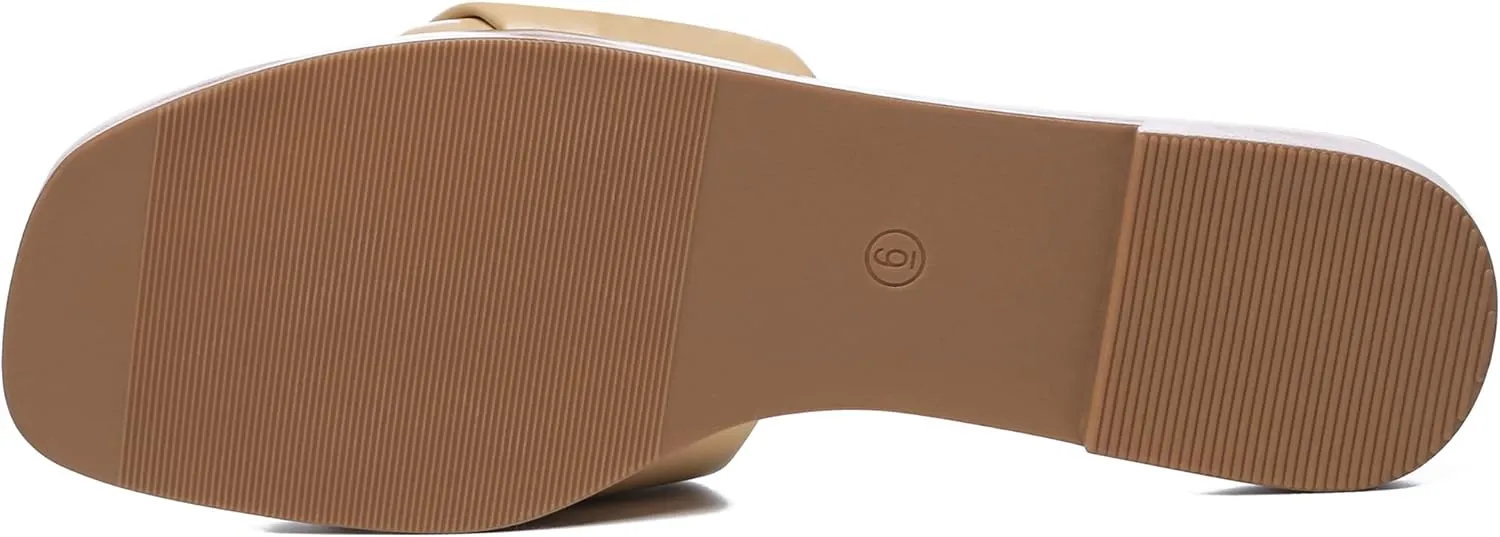 Athlefit Women's Summer Flat Sandals Slip On Square Toe Soft Leather Slide Sandals