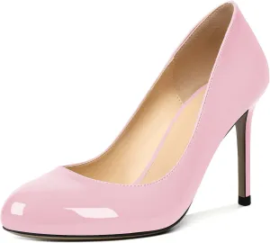 AUMOTED Women Casual Patent Round Toe Pumps Stiletto High Heel Slip On Evening Wedding Dress Shoes 3.4 Inch