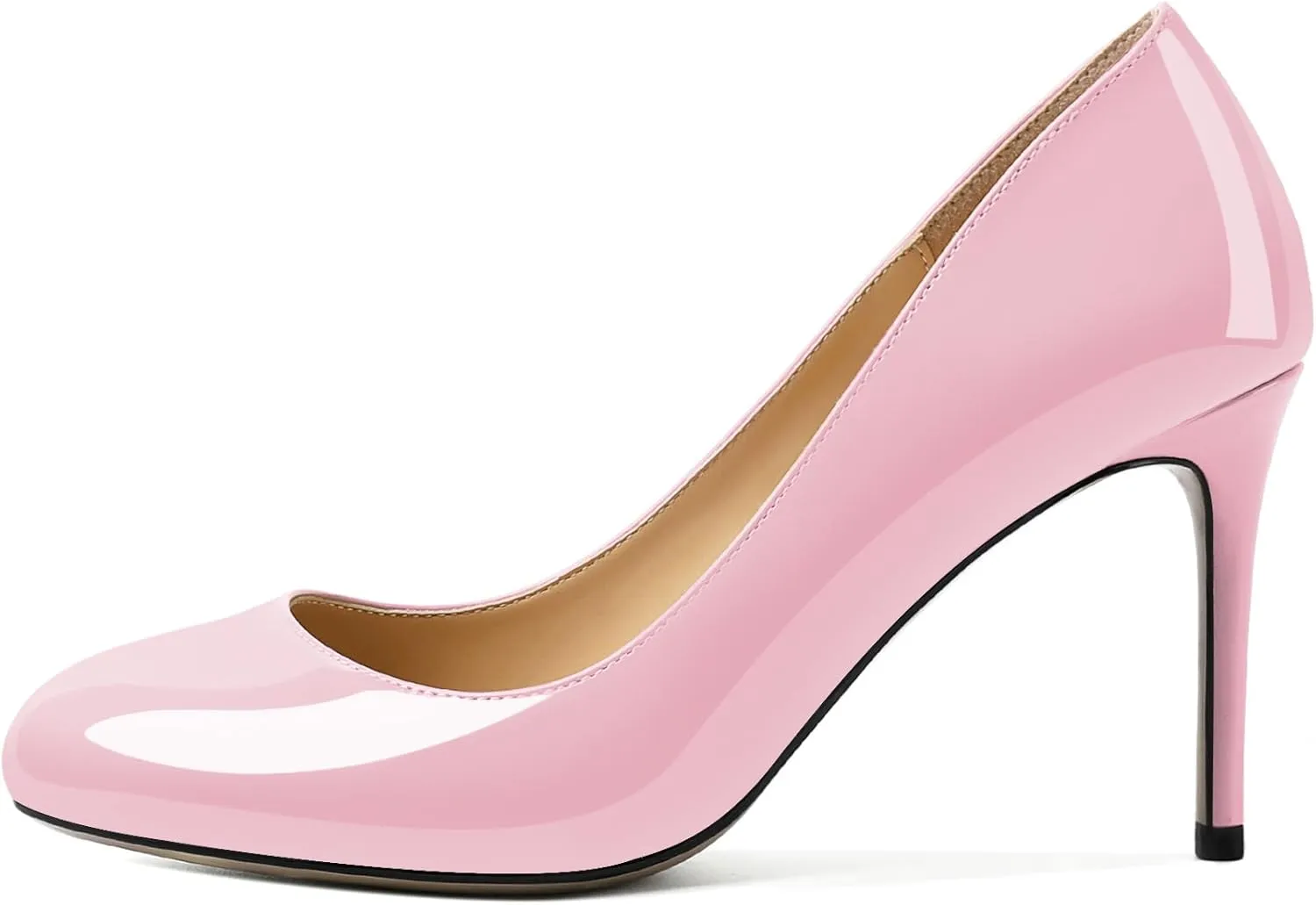 AUMOTED Women Casual Patent Round Toe Pumps Stiletto High Heel Slip On Evening Wedding Dress Shoes 3.4 Inch
