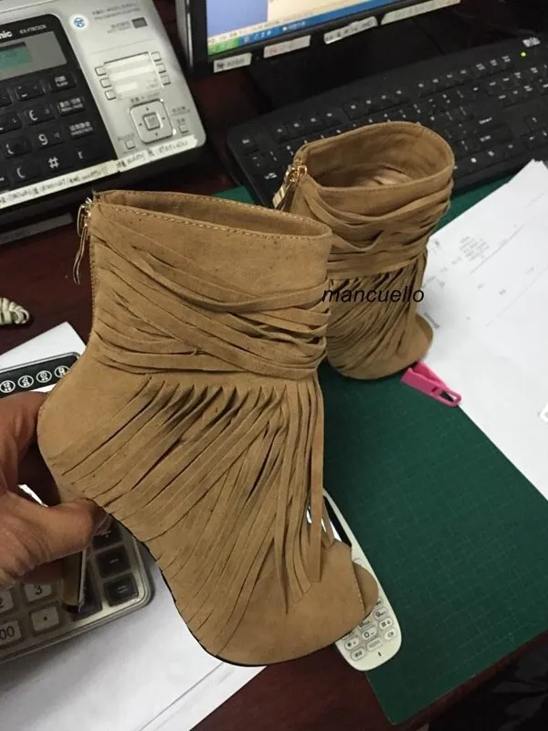 Awesome Beige Suede Fringe Thin High Heel Ankle Boots Women Classy Peep Toe Tassel Stiletto Heel Sandal Booties Arrival