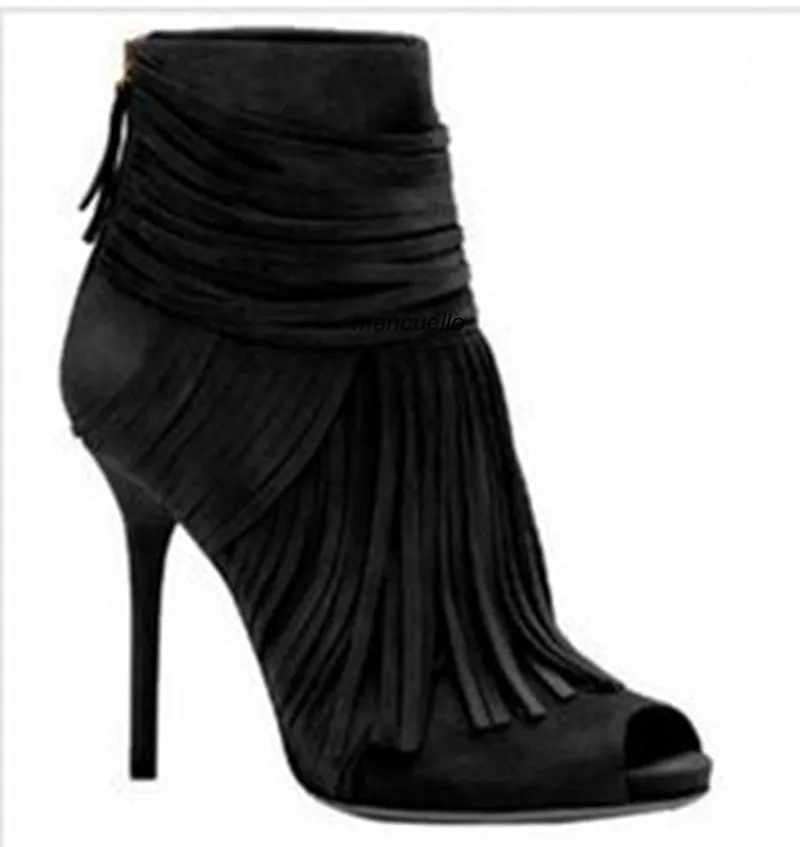 Awesome Beige Suede Fringe Thin High Heel Ankle Boots Women Classy Peep Toe Tassel Stiletto Heel Sandal Booties Arrival