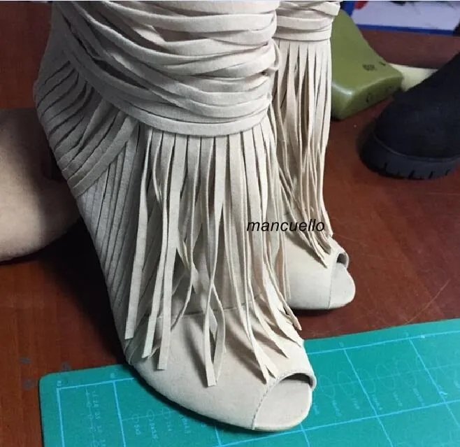 Awesome Beige Suede Fringe Thin High Heel Ankle Boots Women Classy Peep Toe Tassel Stiletto Heel Sandal Booties Arrival