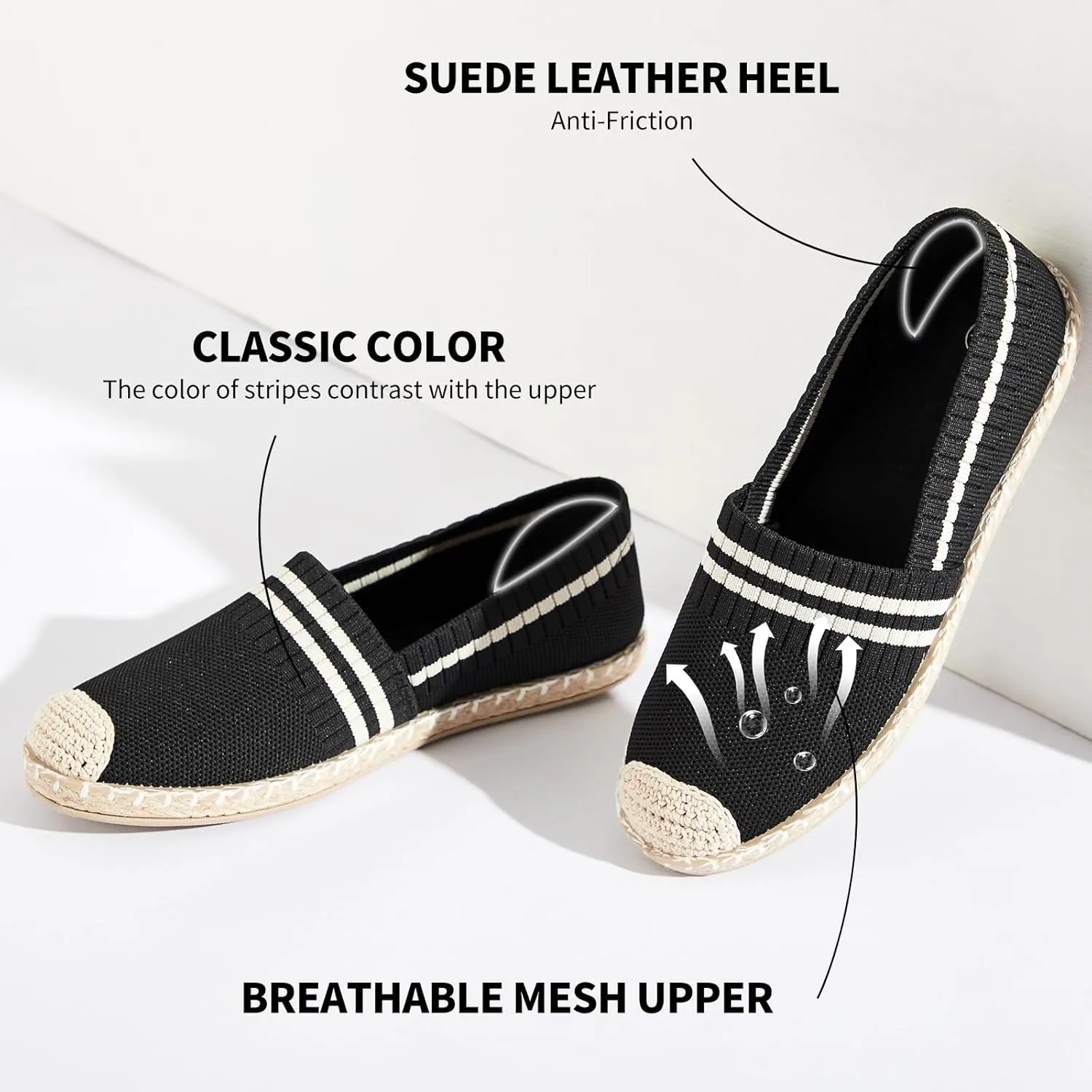 BABUDOG Womens Espadrilles Breathable Flats Shoes Mesh Slip on Loafers Soft White Flats
