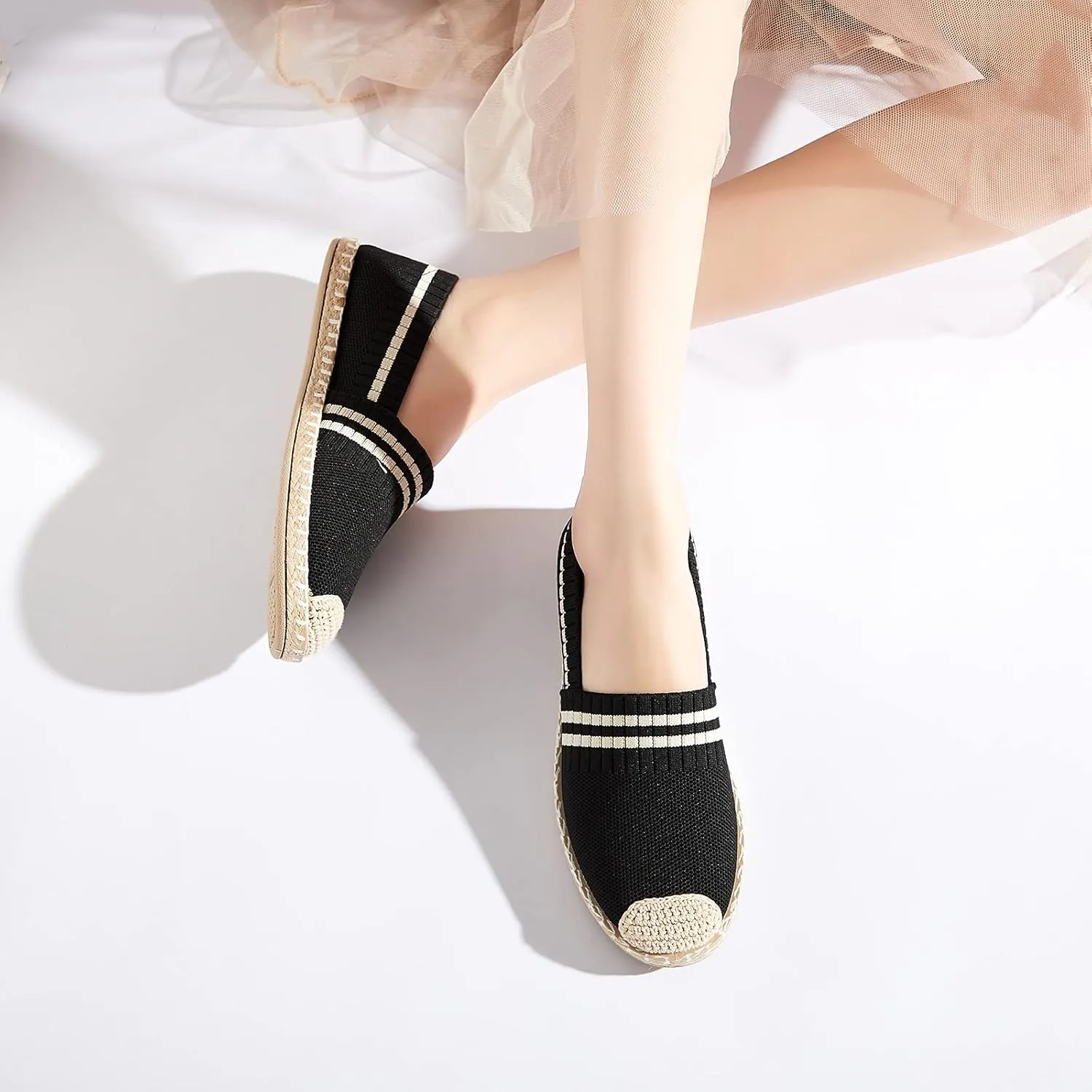 BABUDOG Womens Espadrilles Breathable Flats Shoes Mesh Slip on Loafers Soft White Flats