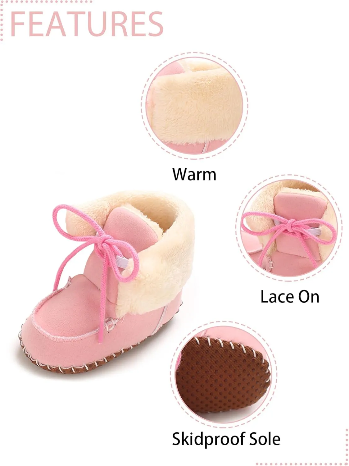 Baby Boys Girls Winter Boot with Gripper Non Slip Lace up Warm Booties Soft Fur Lined Prewalker Shoes 0-18 Months