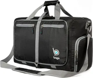 Bago Foldable Duffel Bags for Traveling Women & Men - 40L Sports Packable Duffle Bag for Travel with Shoe Compartment - Water Repellant, Heavy Duty, Lightweight Folding & Collapsible (Black)