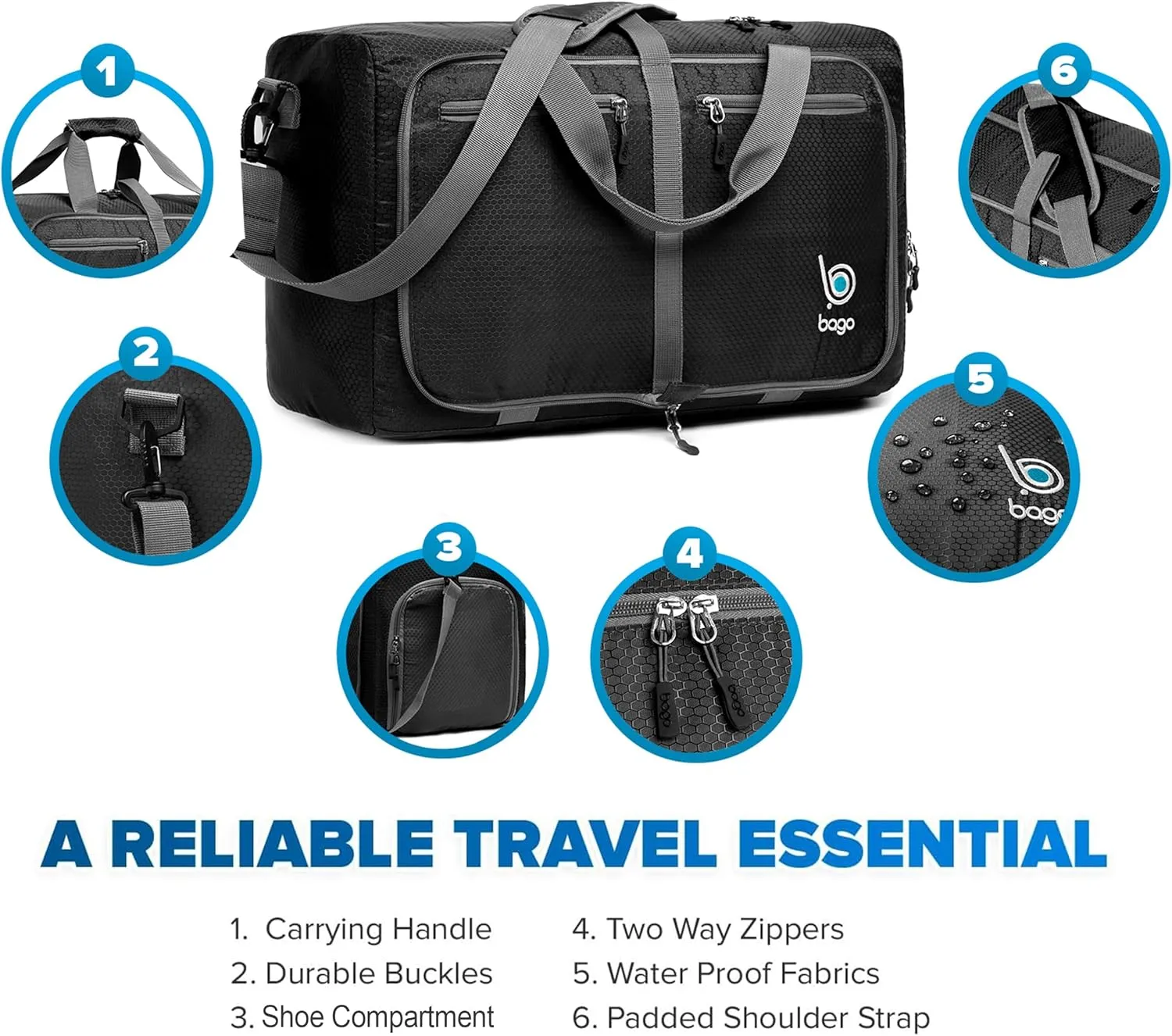 Bago Foldable Duffel Bags for Traveling Women & Men - 40L Sports Packable Duffle Bag for Travel with Shoe Compartment - Water Repellant, Heavy Duty, Lightweight Folding & Collapsible (Black)