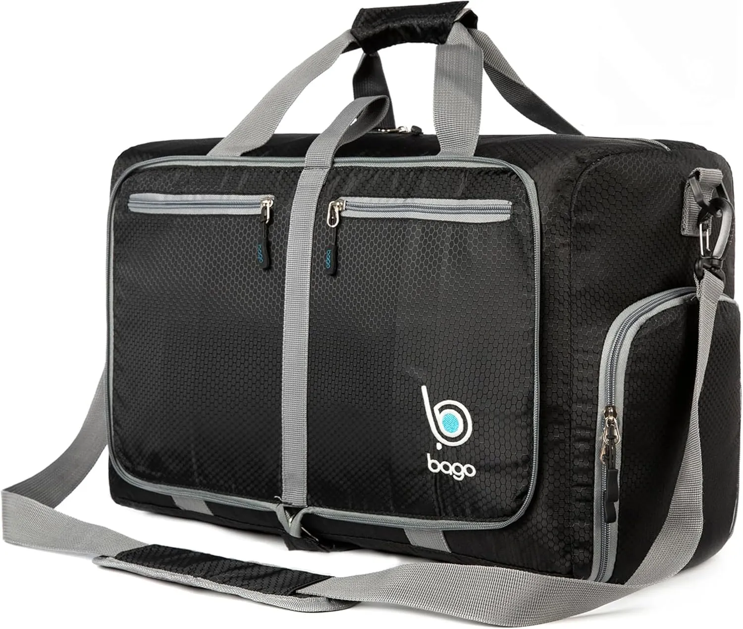 Bago Foldable Duffel Bags for Traveling Women & Men - 40L Sports Packable Duffle Bag for Travel with Shoe Compartment - Water Repellant, Heavy Duty, Lightweight Folding & Collapsible (Black)