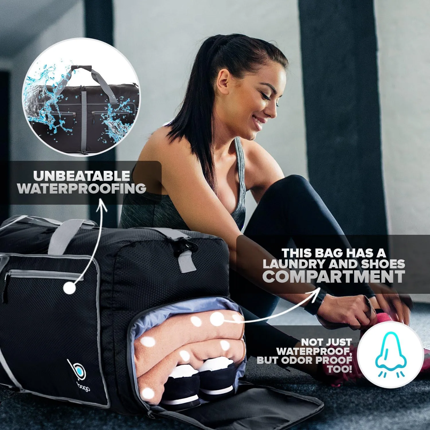 Bago Foldable Duffel Bags for Traveling Women & Men - 40L Sports Packable Duffle Bag for Travel with Shoe Compartment - Water Repellant, Heavy Duty, Lightweight Folding & Collapsible (Black)