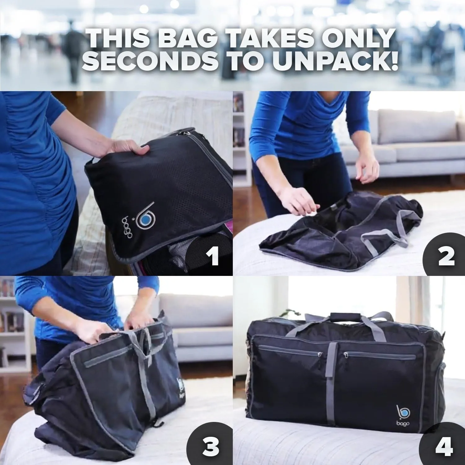 Bago Foldable Duffel Bags for Traveling Women & Men - 40L Sports Packable Duffle Bag for Travel with Shoe Compartment - Water Repellant, Heavy Duty, Lightweight Folding & Collapsible (Black)