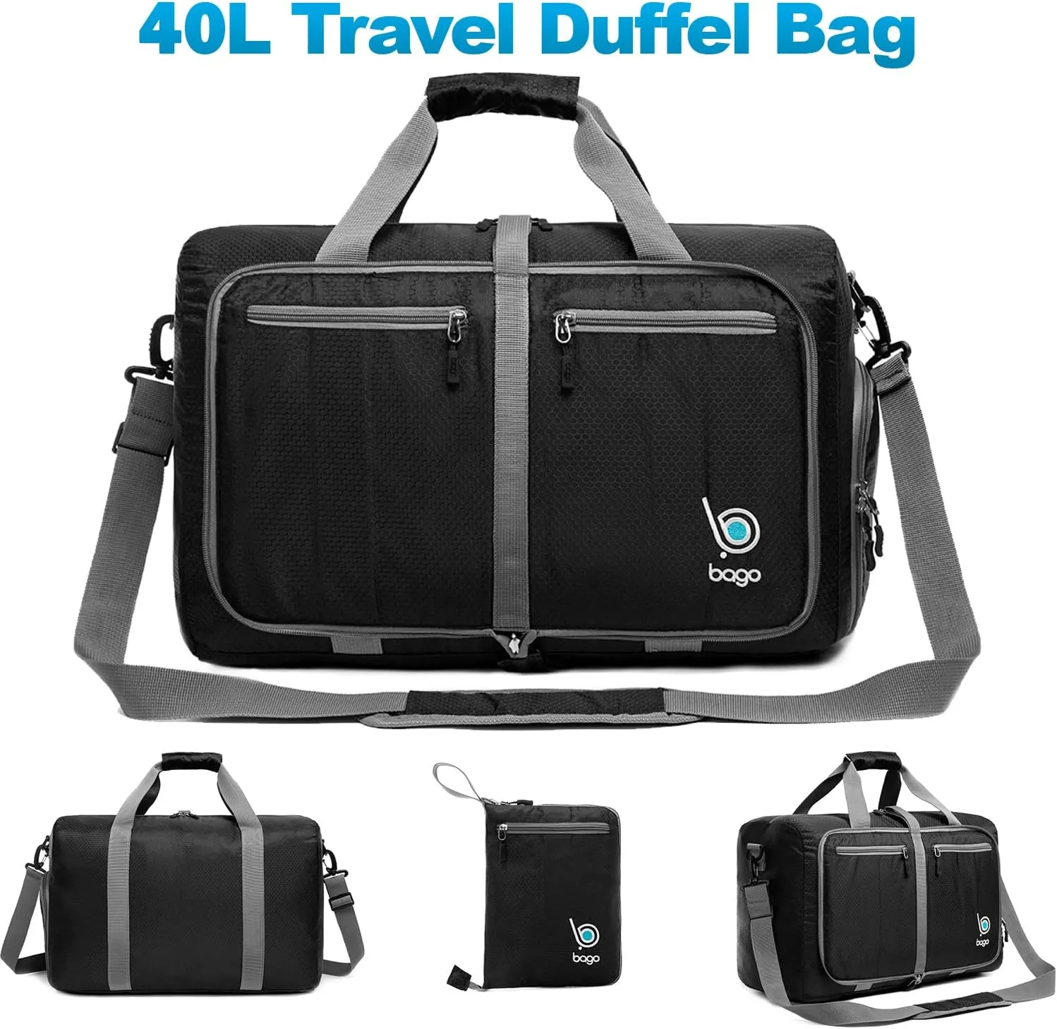 Bago Foldable Duffel Bags for Traveling Women & Men - 40L Sports Packable Duffle Bag for Travel with Shoe Compartment - Water Repellant, Heavy Duty, Lightweight Folding & Collapsible (Black)