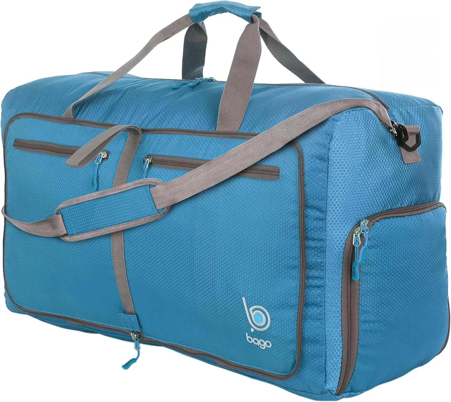 Bago Foldable Duffel Bags for Traveling Women & Men - 60L Medium Packable Duffle Bag for Travel with Shoe Compartment - Water Repellant, Heavy Duty, Lightweight Folding & Collapsible (Blue)