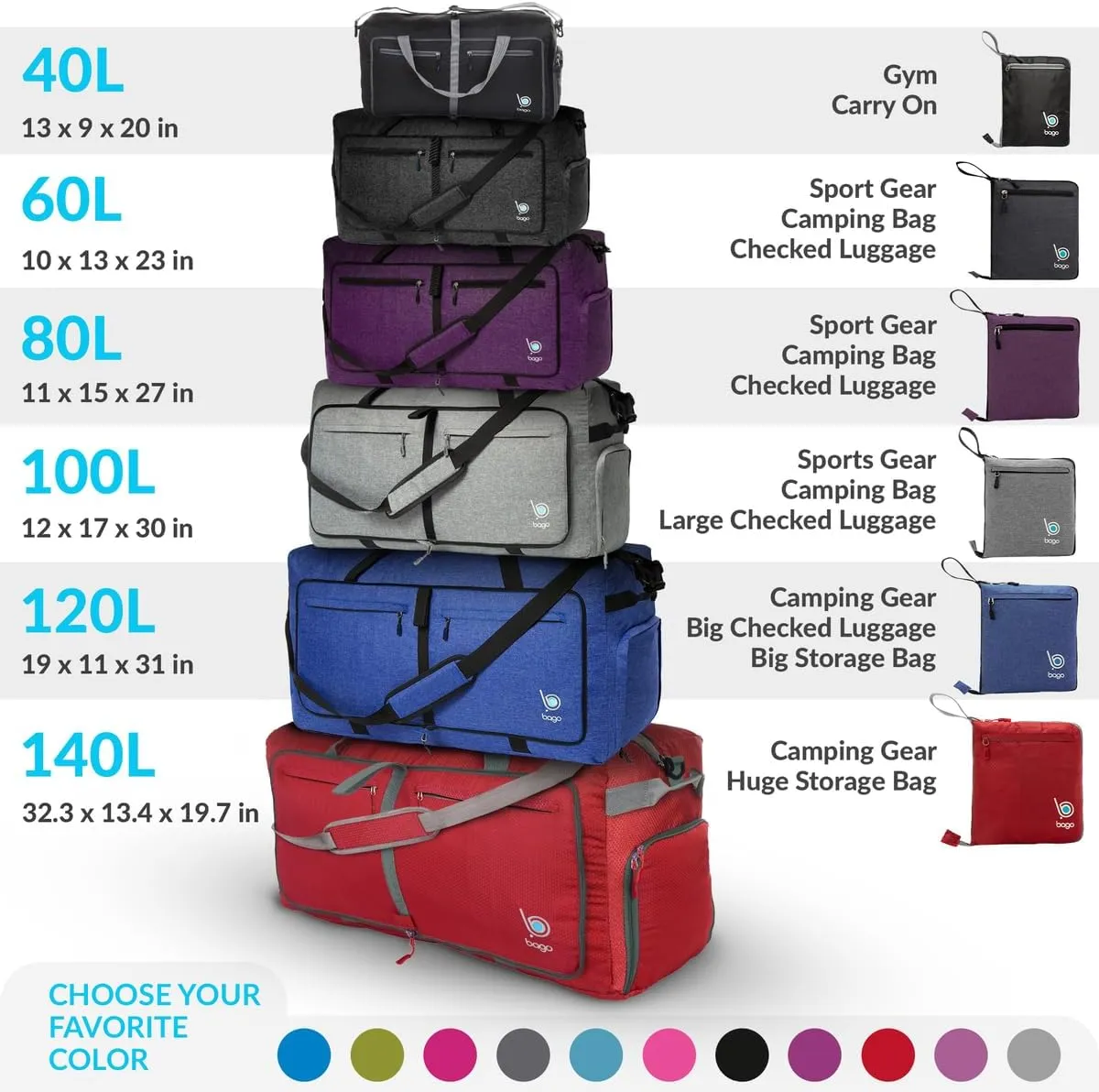 Bago Foldable Duffel Bags for Traveling Women & Men - 60L Medium Packable Duffle Bag for Travel with Shoe Compartment - Water Repellant, Heavy Duty, Lightweight Folding & Collapsible (Blue)