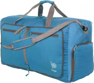 Bago Foldable Duffel Bags for Traveling Women & Men - 60L Medium Packable Duffle Bag for Travel with Shoe Compartment - Water Repellant, Heavy Duty, Lightweight Folding & Collapsible (Blue)
