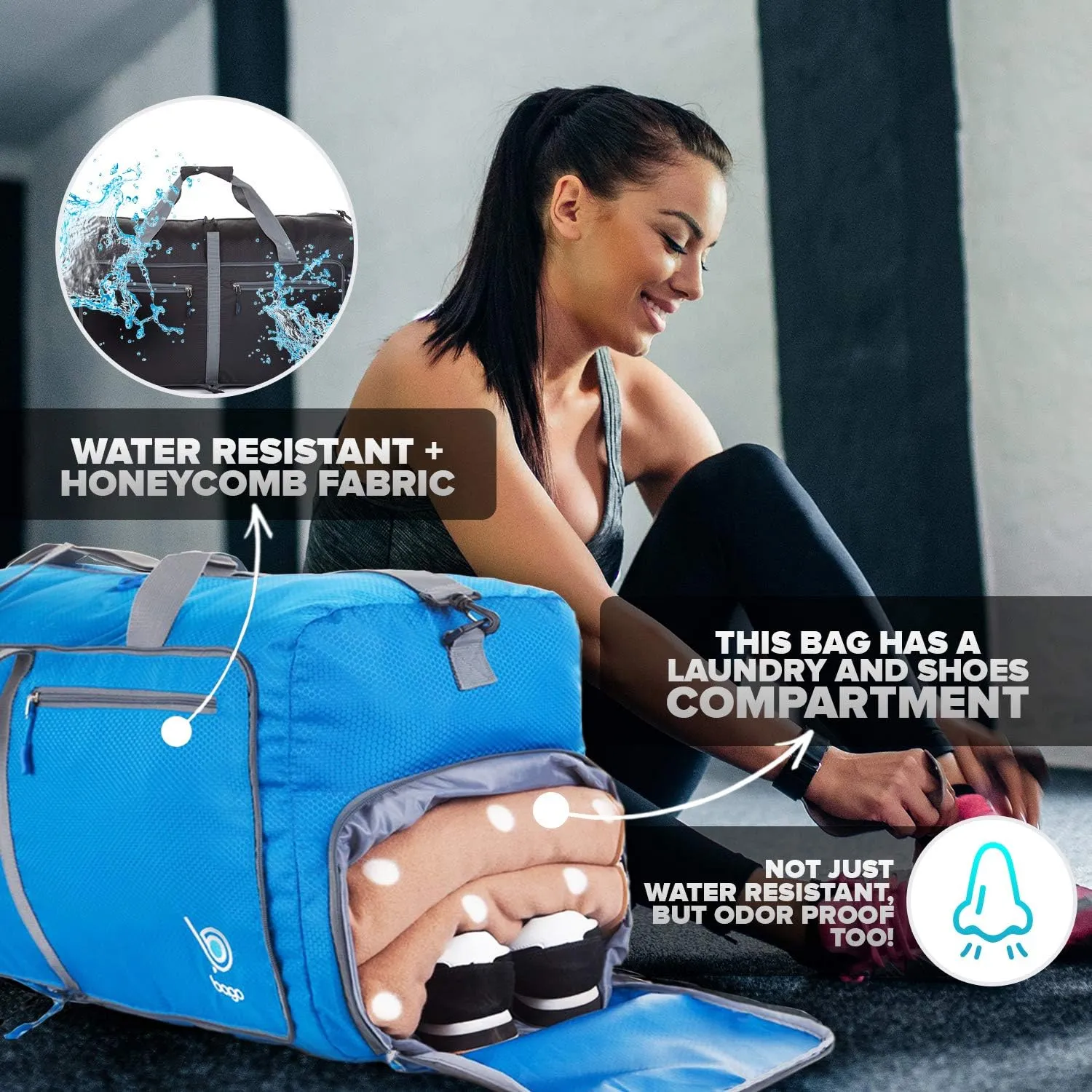 Bago Foldable Duffel Bags for Traveling Women & Men - 60L Medium Packable Duffle Bag for Travel with Shoe Compartment - Water Repellant, Heavy Duty, Lightweight Folding & Collapsible (Blue)