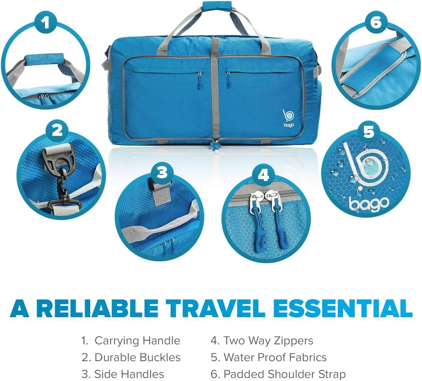 Bago Foldable Duffel Bags for Traveling Women & Men - 60L Medium Packable Duffle Bag for Travel with Shoe Compartment - Water Repellant, Heavy Duty, Lightweight Folding & Collapsible (Blue)