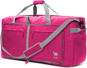 Bago Large Foldable Duffel Bags for Traveling Women & Men - 100L Packable Duffle Bag for Travel with Shoe Compartment - Water Repellant, Heavy Duty, Lightweight Folding & Collapsible (Pink)
