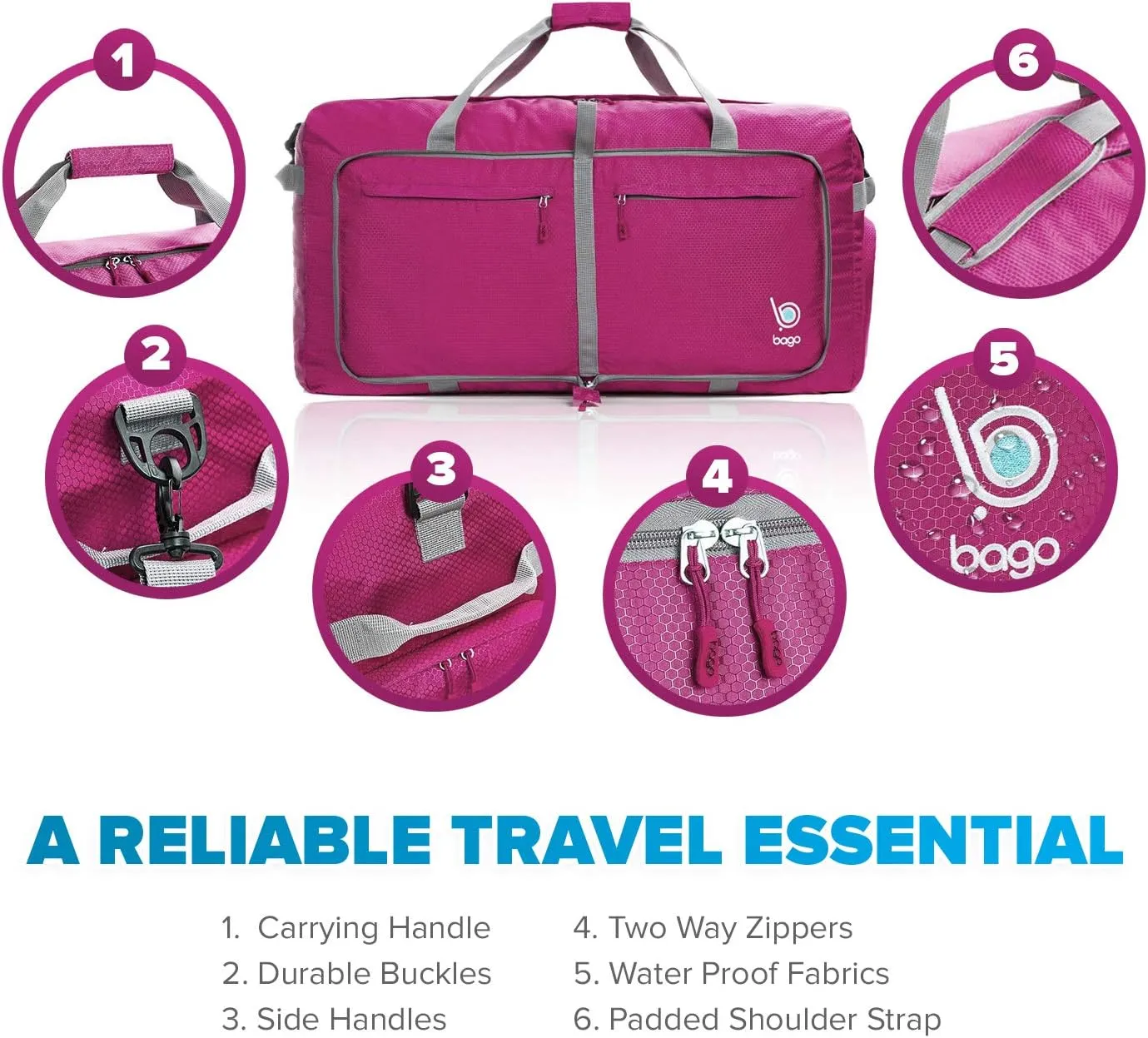 Bago Large Foldable Duffel Bags for Traveling Women & Men - 100L Packable Duffle Bag for Travel with Shoe Compartment - Water Repellant, Heavy Duty, Lightweight Folding & Collapsible (Pink)