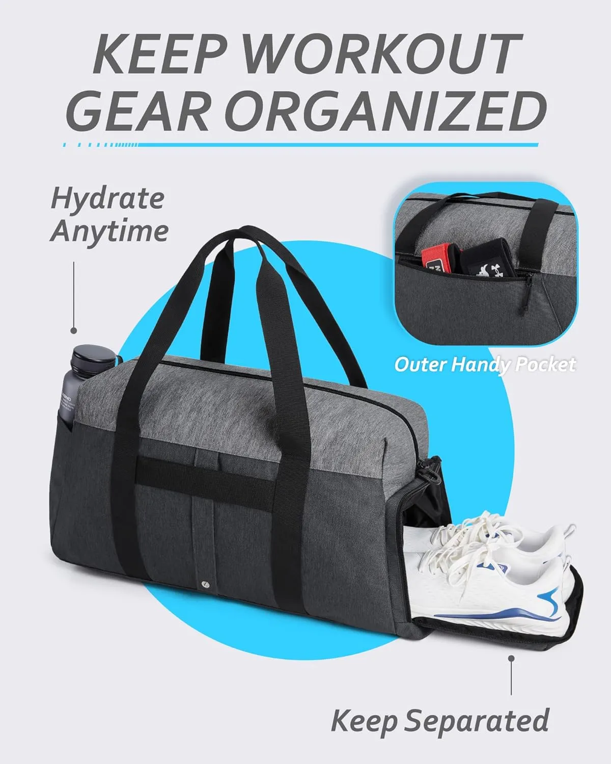 BAGSMART Gym Bags for Men, Foldable Sports Duffle Bag, Lightweight Weekender Duffel Bag With Shoe Compartment, Water Resistant Workout Duffle Sports Bag for Travel Fitness Swimming Yoga, Grey