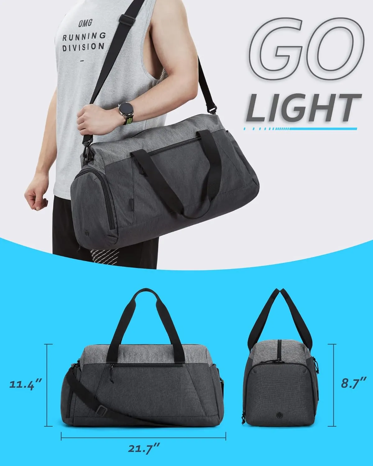 BAGSMART Gym Bags for Men, Foldable Sports Duffle Bag, Lightweight Weekender Duffel Bag With Shoe Compartment, Water Resistant Workout Duffle Sports Bag for Travel Fitness Swimming Yoga, Grey