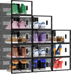 BALEINE 12 Pack Stackable Shoe Storage Boxes Fit Size 9, Thickened Clear Shoe Box Bins with Lids, Plastic Foldable Organizer Sneaker Storage Containers (Large, Black)