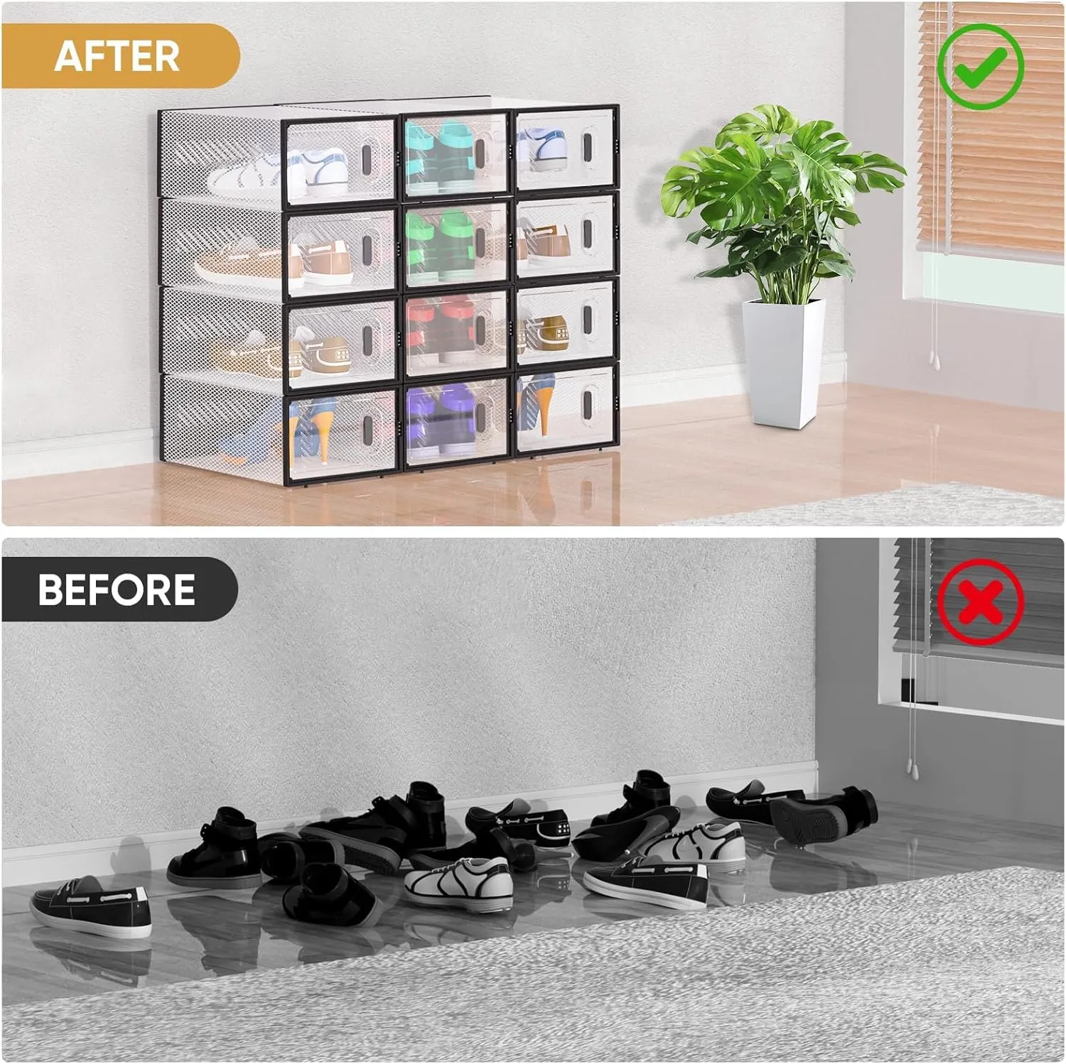 BALEINE 12 Pack Stackable Shoe Storage Boxes Fit Size 9, Thickened Clear Shoe Box Bins with Lids, Plastic Foldable Organizer Sneaker Storage Containers (Large, Black)