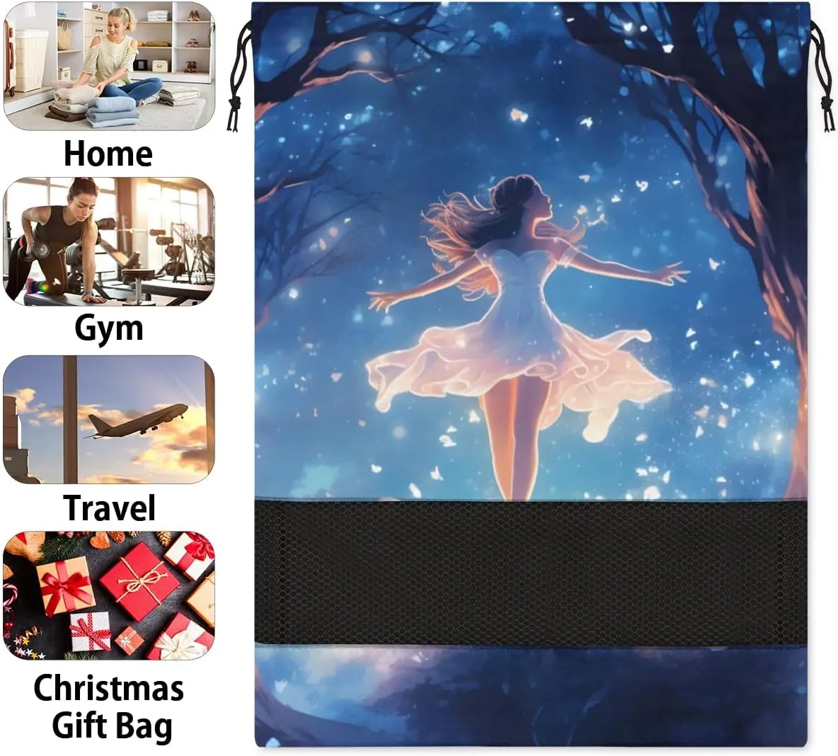 Ballerina Elegant Pattern Shoe Bags for Travel 17" x 12.4" Travel Shoe Bags for Packing Portable Shoe Storage Bags Drawstring Bags Travel Essentials