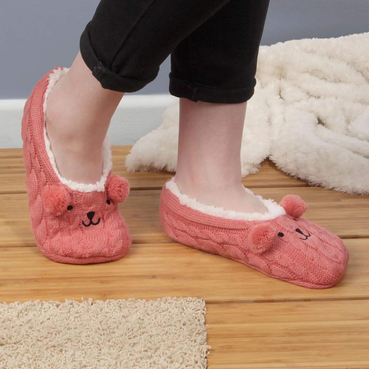 BambooMN Adult Women Soft Warm Cozy Fancy Yarn Slippers Non-Slip Lined Socks, Indoor Comfy House Travel Slippers
