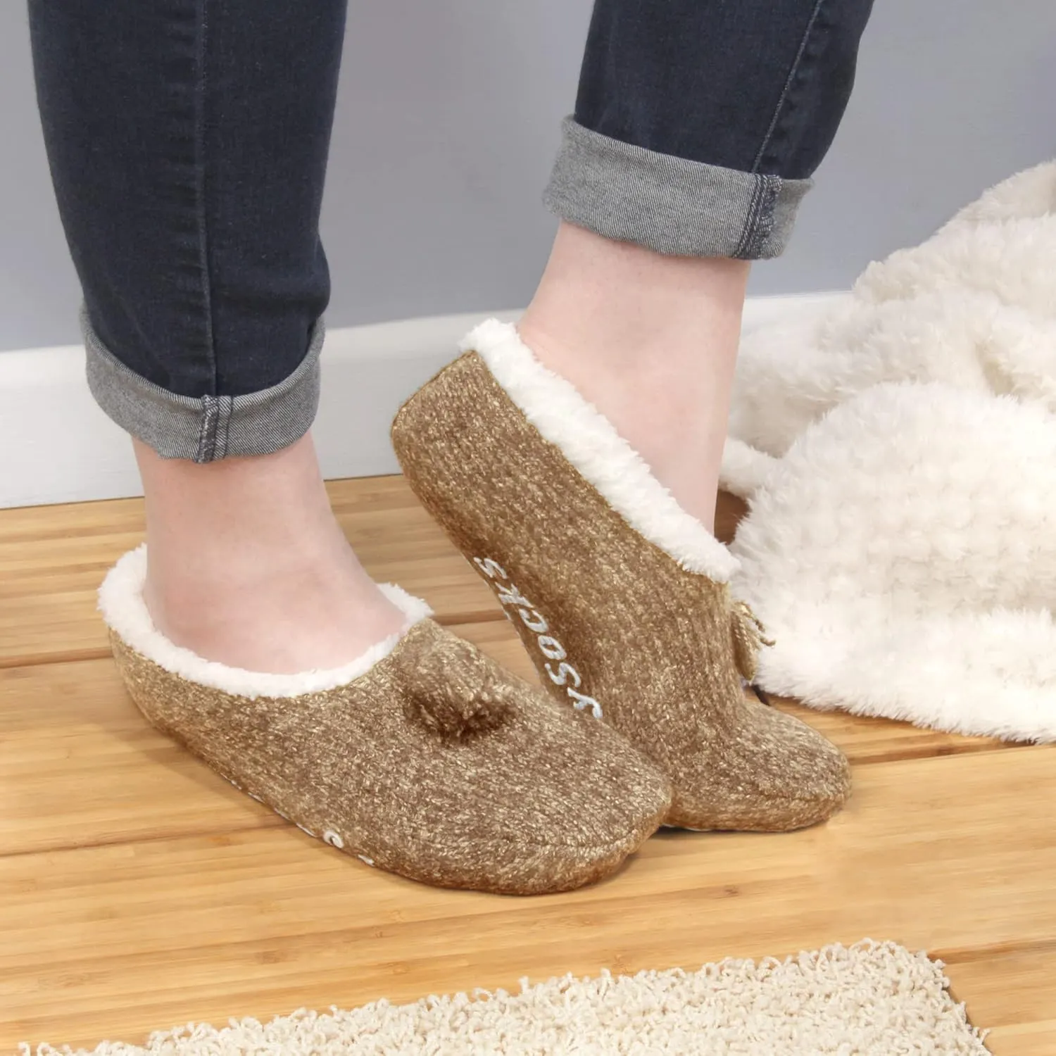BambooMN Adult Women Super Soft Warm Cozy Fancy Yarn Slippers Non-Slip Lined Socks, Indoor Comfy House Slippers, 3 Pairs