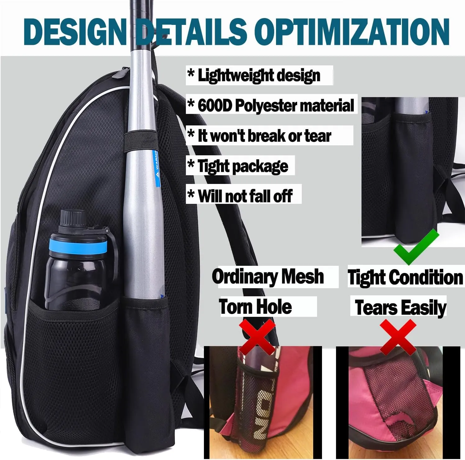 Baseball Bat Bag Backpack,T-Ball & Softball Bat Bag with Shoes Compartment for Youth and Adult, Lightweight Baseball Bag with Fence Hook Hold Bat, Batting Mitten, Helmet, Caps, Teeball Gear