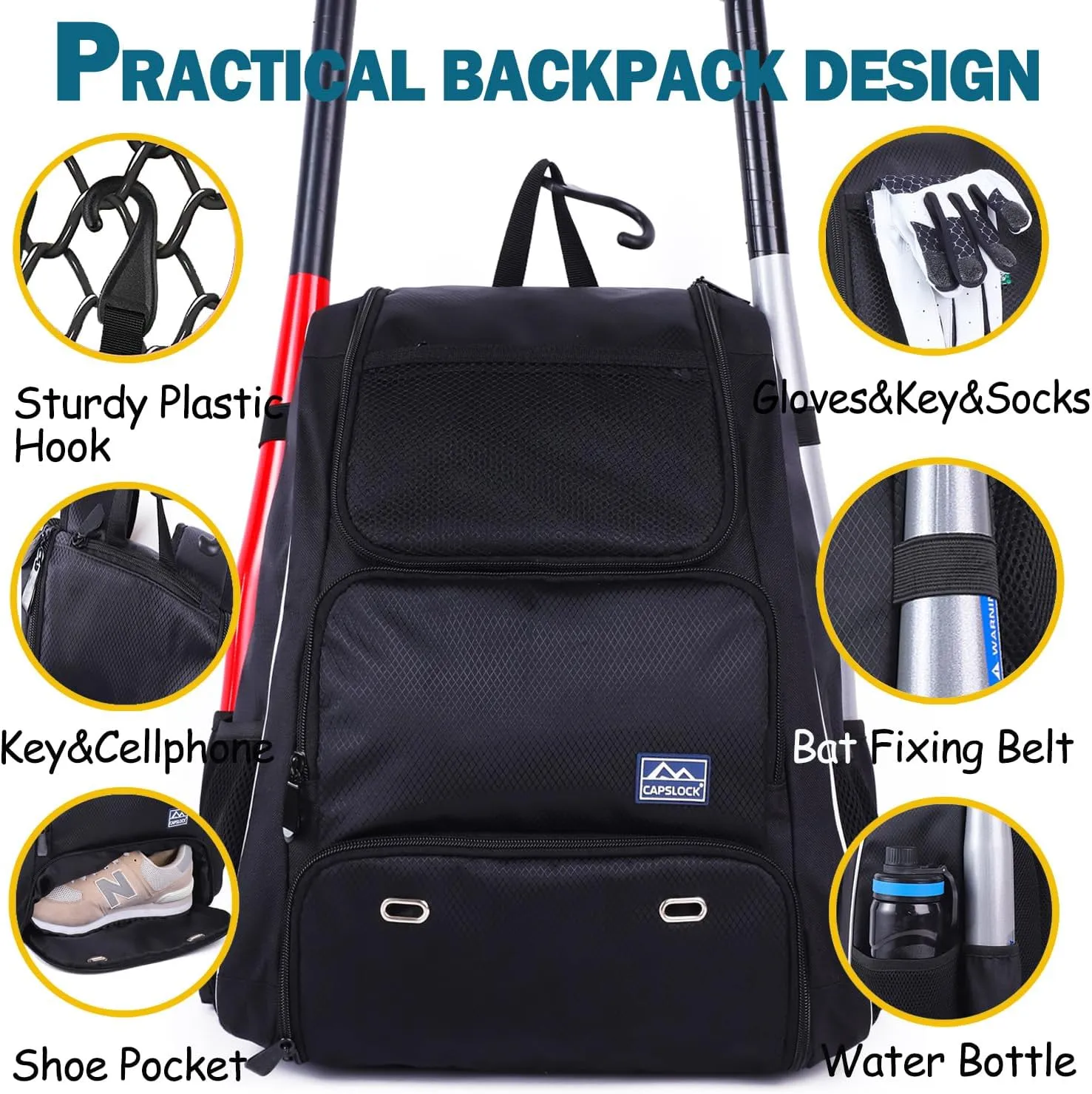 Baseball Bat Bag Backpack,T-Ball & Softball Bat Bag with Shoes Compartment for Youth and Adult, Lightweight Baseball Bag with Fence Hook Hold Bat, Batting Mitten, Helmet, Caps, Teeball Gear