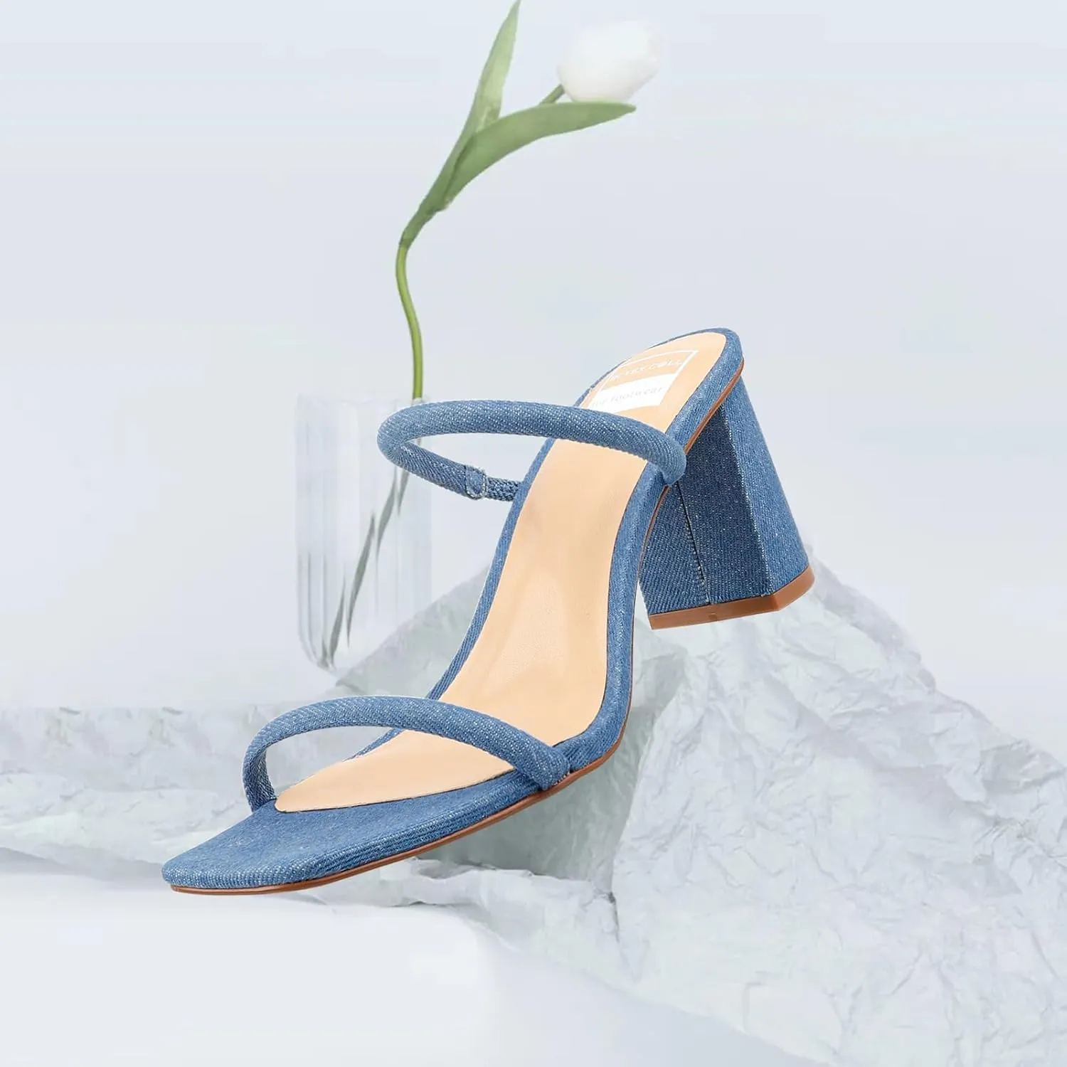 BCTEX COLL Women's High Heeled Sandal Two Strap Square Toe Slip on High-heeled Sandal High Heel Sandal Comfortable for Women