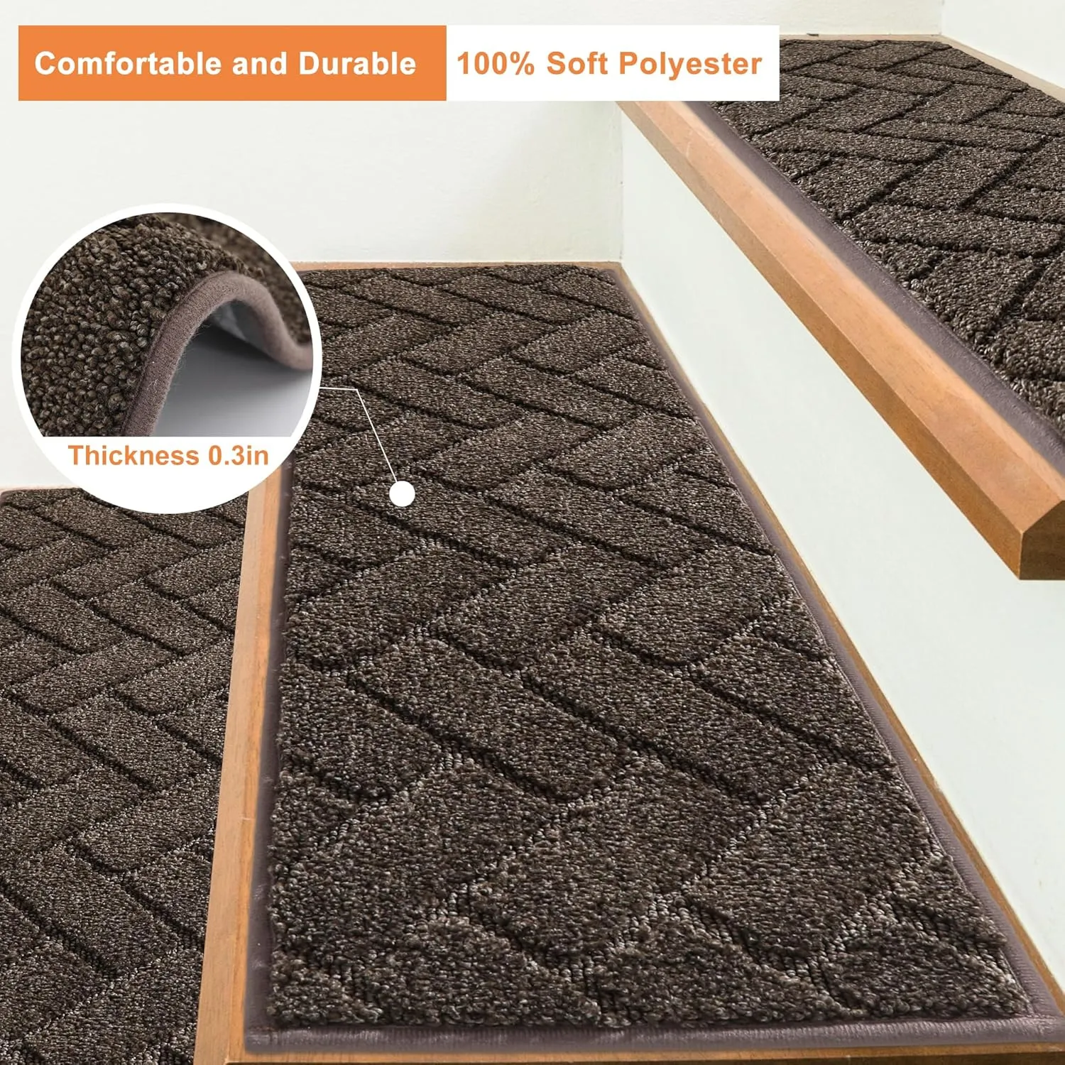 BEQHAUSE Stair Treads Non Slip Stair Runners Step Carpet Mat for Wooden Steps Indoor Machine Washable 28inX9in Edging Polyester Soft Stair Rugs for Kids Elders Pets with TPE Backing(Brown,15pcs)