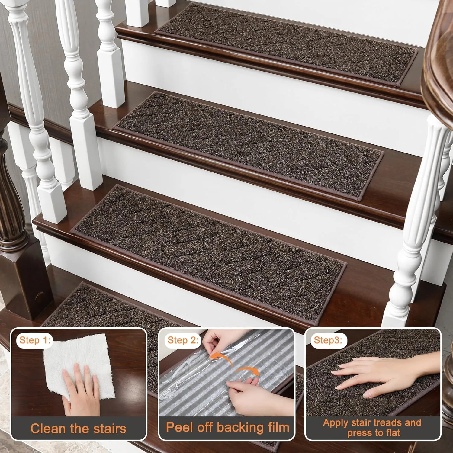 BEQHAUSE Stair Treads Non Slip Stair Runners Step Carpet Mat for Wooden Steps Indoor Machine Washable 28inX9in Edging Polyester Soft Stair Rugs for Kids Elders Pets with TPE Backing(Brown,15pcs)