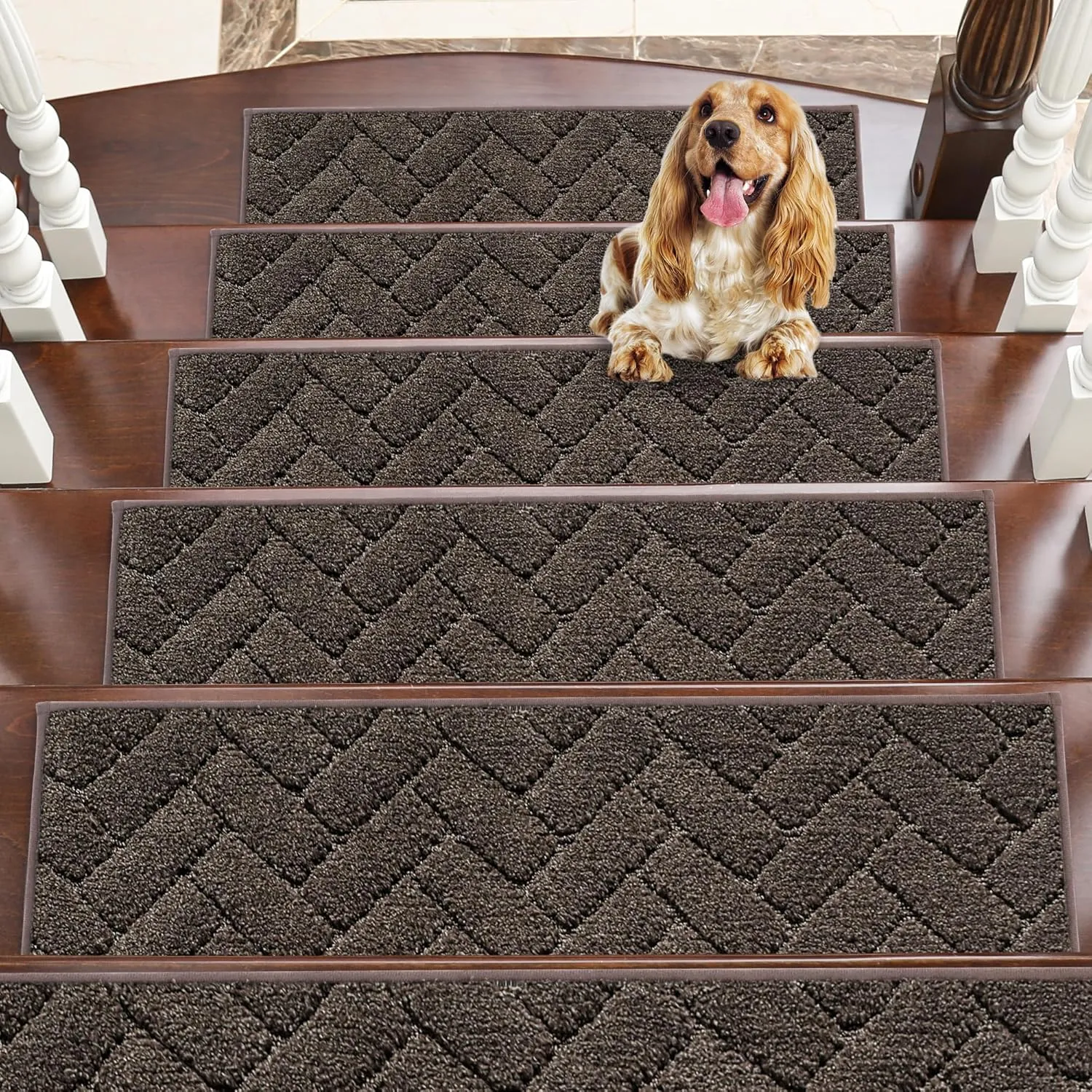 BEQHAUSE Stair Treads Non Slip Stair Runners Step Carpet Mat for Wooden Steps Indoor Machine Washable 28inX9in Edging Polyester Soft Stair Rugs for Kids Elders Pets with TPE Backing(Brown,15pcs)