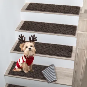 BEQHAUSE Stair Treads Non Slip Stair Runners Step Carpet Mat for Wooden Steps Indoor Machine Washable 28inX9in Edging Polyester Soft Stair Rugs for Kids Elders Pets with TPE Backing(Brown,15pcs)