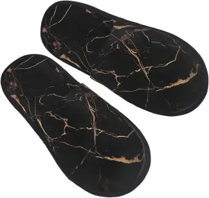 Black Gold Marble Women's Fuzzy Slippers Slip-on Slipper Soft Comfy Bedroom Slippers Non-slip House Shoes Medium