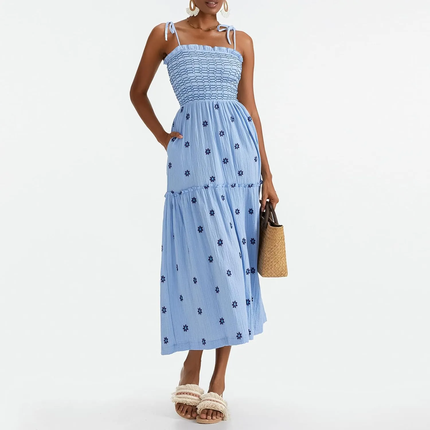 Boho Floral Embroidered Dress for Women Spaghetti Tie Strap Long Vacation Dress Casual Flowy Summer Maxi Sundresses