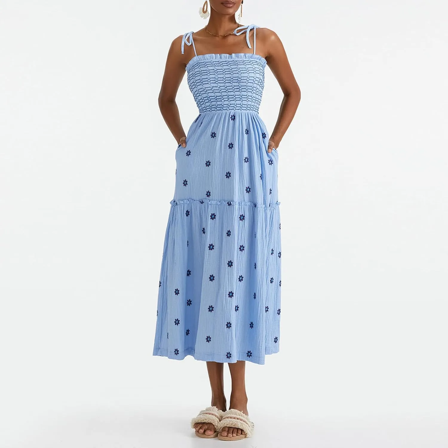 Boho Floral Embroidered Dress for Women Spaghetti Tie Strap Long Vacation Dress Casual Flowy Summer Maxi Sundresses