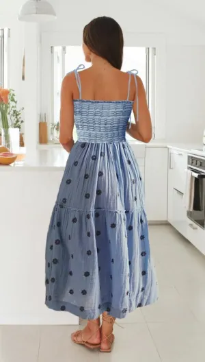 Boho Floral Embroidered Dress for Women Spaghetti Tie Strap Long Vacation Dress Casual Flowy Summer Maxi Sundresses